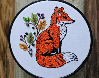 Fall Fox, FINISHED embroidery hoop