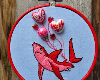 Valentines Shark, FINISHED embroidery hoop
