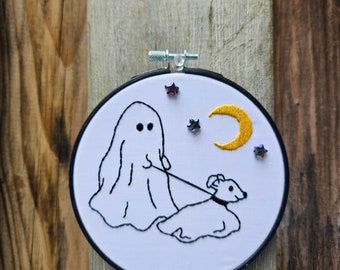 Ghost + Ghost Dog, FINISHED embroidery hoop