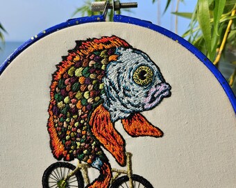 Fish on a Bicycle, FINISHED embroidery hoop