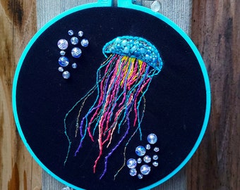 Jellyfish, FINISHED embroidery hoop