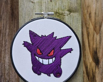 Gengar, finished embroidery hoop