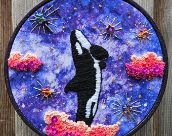Orca in Space, FINISHED embroidery hoop