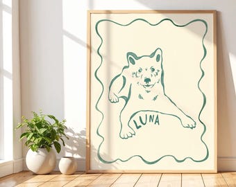 Op de afbeelding: Een ingelijst, op maat gemaakt huisdierenportret met een teal illustratie van een hond genaamd Luna. Het kunstwerk staat tegen een crèmekleurige achtergrond met een teal golvende rand. De woorden "CUSTOM PET PORTRAIT" staan bovenaan.