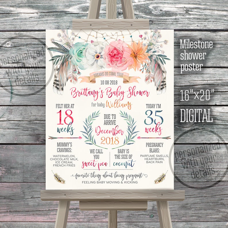 Milestone dreamcatcher shower stats pregnancy board 16x20 guestbook poster welcome pink teal chalkboard boho girl gender neutral 114CMPEX 31