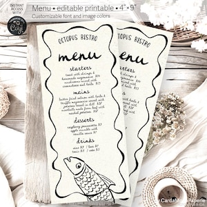 May include: A printable menu template for a restaurant called Octopus Bistro. The menu features a hand-drawn octopus and the words "menu", "starters", "mains", "desserts", and "drinks".