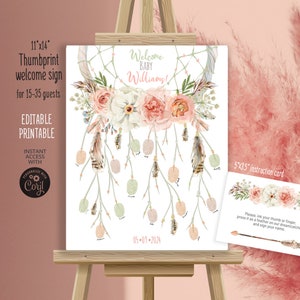 Dreamcatcher impronta digitale libro degli ospiti impronta digitale acchiappasogni 11x14 cartello di benvenuto rosa rosa baby shower. Stampabile automodificabile. 054CMPEX14