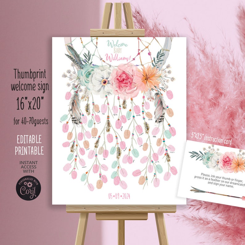 Dreamcatcher Daumenabdruck Gästebuch Fingerabdruck Babyparty Willkommensschild personalisiertes Geschenk. Boho wilde Braut. Bearbeitbar bedruckbar. 114CMP 16