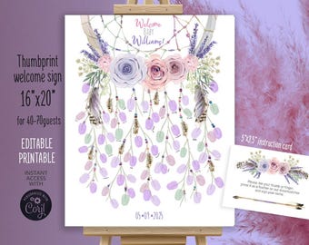 May include: A printable 16x20 inch welcome sign with a dreamcatcher design featuring watercolor flowers, feathers, and leaves. The sign is for a baby shower and has a space for guests to leave their thumbprints. The text on the sign reads "Welcome Baby Williams!" and "05-09-2025".