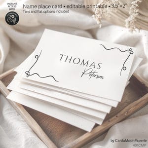Cartão de lugar de casamento, cartão de nome editável, cartão de tenda preto e branco personalizado, modelo de design minimalista. LIZ 401cmp AB