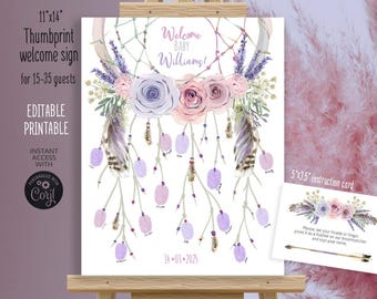 May include: A white thumbprint welcome sign for a baby shower, featuring a dreamcatcher design with lavender, pink, and purple floral accents. The sign is 11"x14" and includes space for 15-35 guests. A 5"x3.5" instruction card is included.