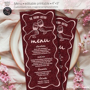 May include: A printable menu template for a restaurant called "The Cherry Bistro". The menu is designed with a red glitter background and pink text. The menu includes starters, mains, desserts, and drinks. The menu is 4 inches by 9 inches.