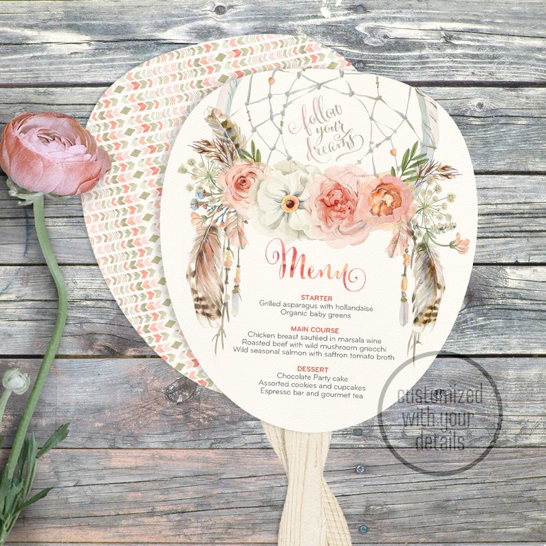 Dreamcatcher Diy Boho Baby Shower Paddle Fan Menu Digital Etsy