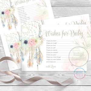 Wishes for Baby Dreamcatcher Baby Shower Karte, Aquarell Tribal Boho neutrale Federn digitale Karte. Sofortiger Download! 062CMPGM 062CMPEX