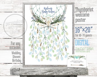 May include: A digital printable thumbprint welcome poster with a dreamcatcher design, featuring a skull and feathers, in blue and green tones. The poster is 16 inches by 20 inches and is suitable for 40 to 70 guests. It includes a free 5 inch by 3.5 inch instruction card.