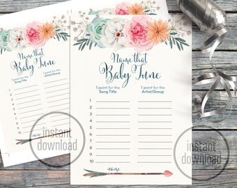 Name that baby song tune shower game card, watercolor tribal floral arrow teal pink fuchsia bohemian. Instant download! 114CMPGM 07 114CMPEX