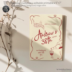 Invito di compleanno, pizza e vino, modello di design stravagante vintage ciliegia bordeaux personalizzato modificabile per adulti di qualsiasi età. OMI 404cmp 02 A