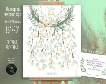 May include: A printable 16x20 inch welcome sign for a baby shower. The sign features a dreamcatcher with green and beige leaves and a white flower. The text "Welcome Baby Banows" is at the top of the sign. The date "05-09-2024" is at the bottom of the sign. There is a 5x3.5 inch instruction card with instructions for guests to use ink to make thumbprints on the leaves.