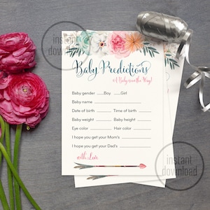 Prédictions de bébé, turquoise pêche fuchsia douche jeu insert carte, boho dahlia anémone aquarelle boho prédictions partie 114CMPGM 02 114CMPEX