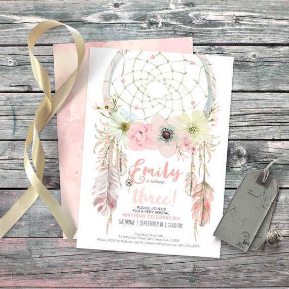 Dream catcher boho 3rd birthday invitation. Digital printable | Etsy