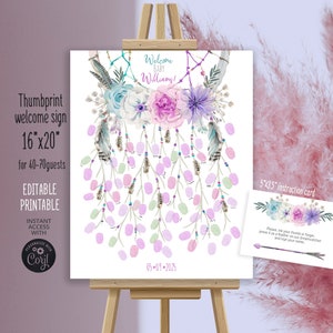 Dreamcatcher purple thumbprint guestbook 16x20 welcome turquoise lilac teal baby bridal shower mint boho feathers 170CMP 16