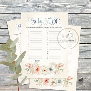 Baby Shower Spiel, ABC bezogene Artikel Aquarell Tribal Petrol Pfirsich Pink Federn Boho Boho Karte. Sofortiger Download! 108CMPGM 09 108CMPEX
