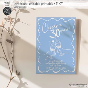 Verjaardagsuitnodiging, 30e verjaardag, proost op 30 jaar, bewerkbare gepersonaliseerde blauwe kaart, grillige ontwerpsjabloon. IDA 404 cmp 01 A