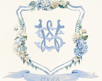 Personalized blue hydrangea monogram wedding crest. Watercolor wedding logo. Vintage nursery baby crest. Dusty blue beige roses. 801cmp