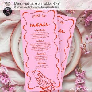 Menù stravagante per feste, bar, ristoranti, bistrot, cibo, disegnato a mano, cantina, costa, spiaggia, colore, modello modificabile e stampabile. IDA 403cmp 08 A