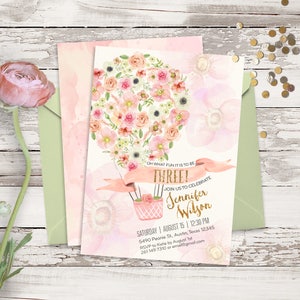 Cartão de convite de aniversário de aquarela pastel de balão de ar quente floral. 3º qualquer idade. Coral ouro rosa. Rosas, peônias. Personalizado por mim. 208 CMP