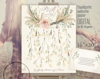 May include: A digital printable wedding guest book poster with a boho theme. The poster features a dream catcher with feathers, a pink rose, and greenery. The poster is 16 inches by 20 inches and includes an instruction card. The text on the poster reads "Go confidently in the direction of your dreams".
