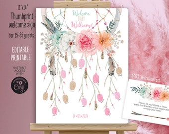 May include: A printable 11x14 inch welcome sign with a floral dreamcatcher design. The sign features a pink and gold color scheme and includes the text "Welcome Baby Williams!" and "14-03-2024".