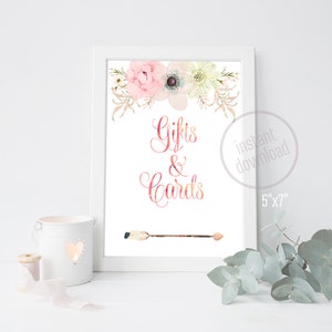 Cadeaux et cartes Décoration de fête prénatale Fleurs flèche Boho aquarelle rose pastel Boho oeuvre imprimable Téléchargement immédiat 002CMPEX 11J