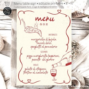 May include: Printable 8x10 inch menu sign with a red heart border. The menu features Italian food options, including mozzarella di bufala, spaghetti al pomodoro, pizza margherita, and gelato di stagione. The text "menu" is written in red cursive font with the date "08 09 26" below it.