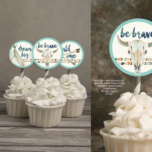 Tribal B-Day cupcake toppers. 2x2 puncher. DIGITAL file! Floral antlers boho watercolor skull boy birthday label gift tag. 032CMPEX 009CMPEX