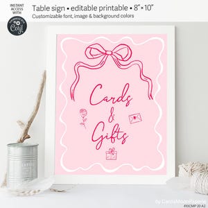 Plaque de table avec noeud rose, cadeaux et cartes, douche en faisant le noeud, 8 x 10, coquette, modèle dessiné main modifiable, fantaisiste imprimable. 410 cm 20 A2