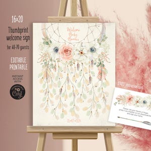 Dreamcatcher Fingerabdruck Gästebuch rustikal Pfingstrosen Anemonen Traumfänger 16x20 cm Willkommensschild Babyparty. Selbst editierbar druckbar. 108cmp 16