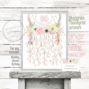 Op de afbeelding: Een digitale, afdrukbare vingerafdruk-kunstprint van 40,6 x 50,8 cm met een bloemig droomvangerontwerp. De print bevat een monogram met de initialen "B.H.S." en de tekst "Bridgett & Hale Stratton". De print is ideaal voor een bruiloft, babyshower of verjaardag.