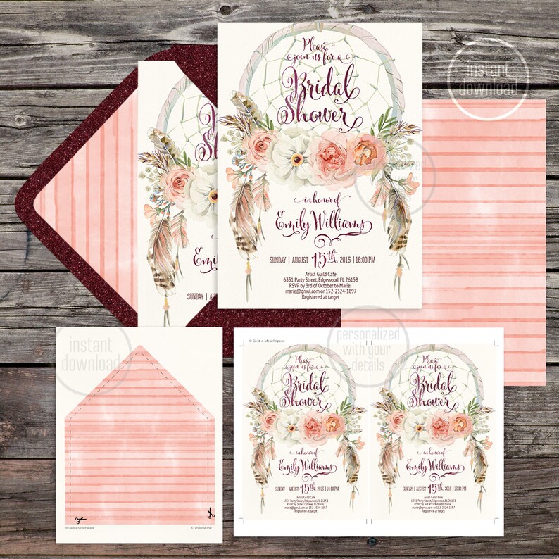 watercolor 5x7 card Digital printable files Dreamcatcher boho bridal shower invitation Feathers bohemian Customisable peonies 052CMP
