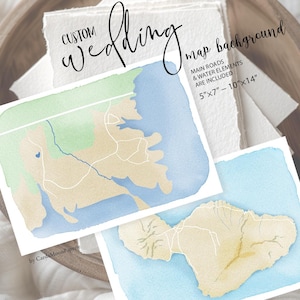 Mapa personalizado, diseño de área en blanco de fondo con caminos y elementos de agua para el mapa de su boda, mapa de ubicación de acuarela personalizado. 908cmp B