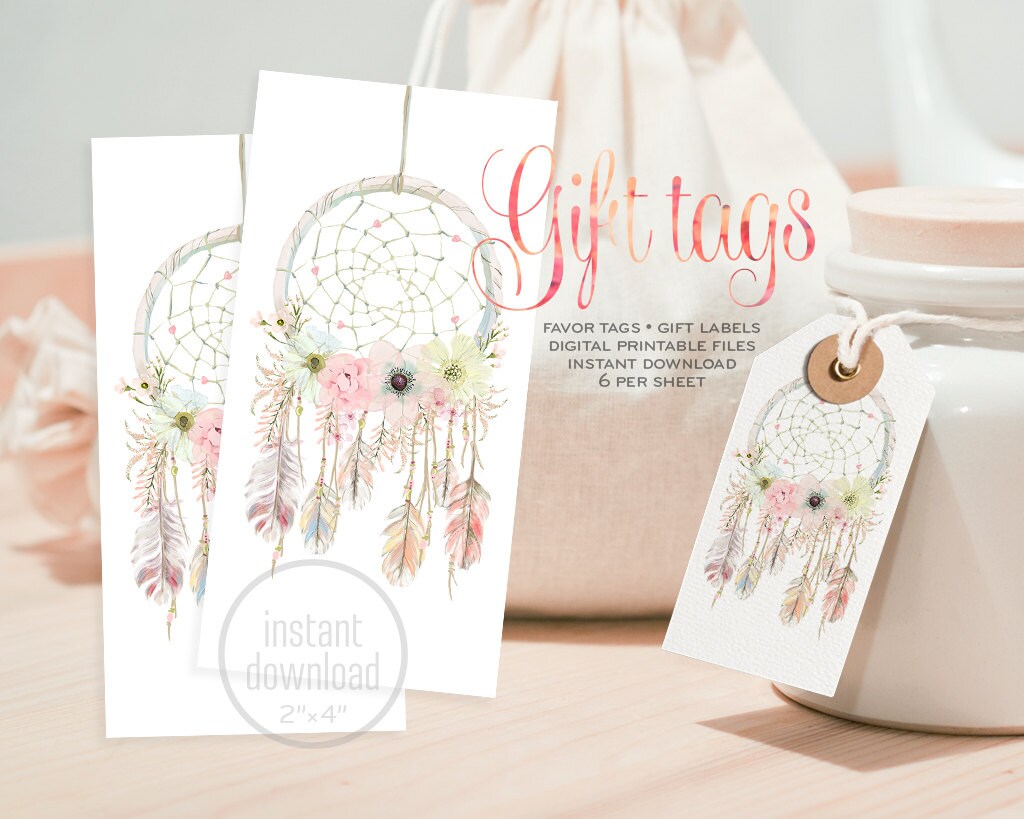 Dreamcatcher Favor Gift Tag Boho Watercolor. DIGITAL Instant Etsy