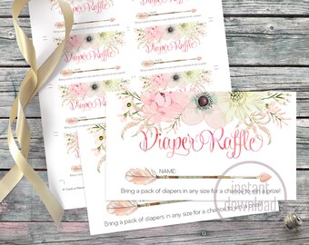 Pink diaper raffle tickets watercolor INSTANT download boho tribal arrow heart dreamcatcher bohemian pink bouquet Not editable 024A 002CMPEX