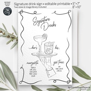 Signature Drinks Zeichen, Party Hochzeit Cocktails editierbare Tischkarte, personalisierte wunderliche handgezeichnete schwarz & weiß editierbare Vorlage. LIZ 403cm C
