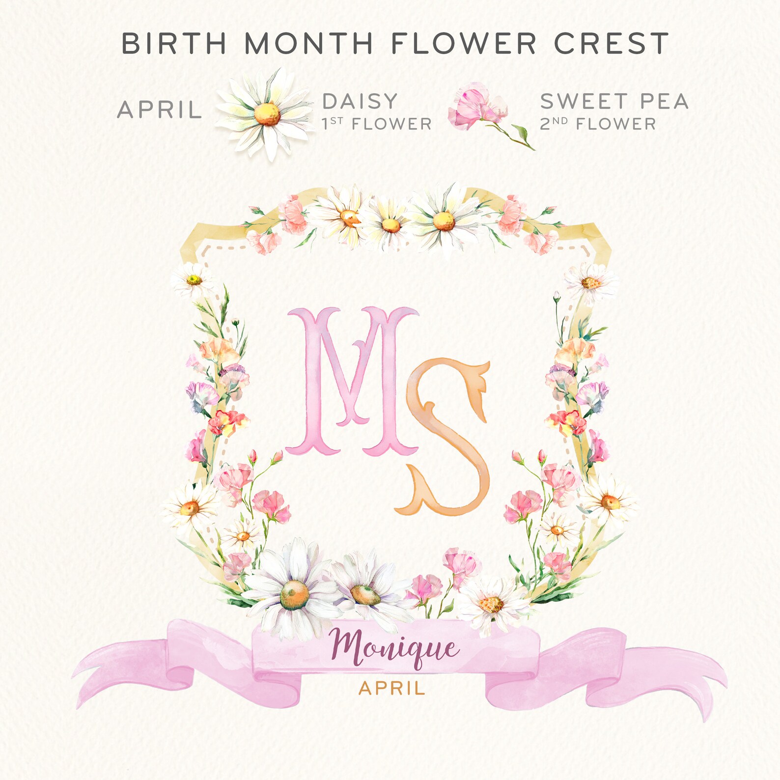Custom Birth Month Flower Crest. APRIL Monogram Crest Gift ...