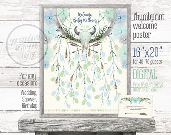 Dreamcatcher thumbprint blue mint baby boy guestbook bull skull arrows tribal eucalyptus 16x20 welcome shower birthday fingerprint 165CMPEX