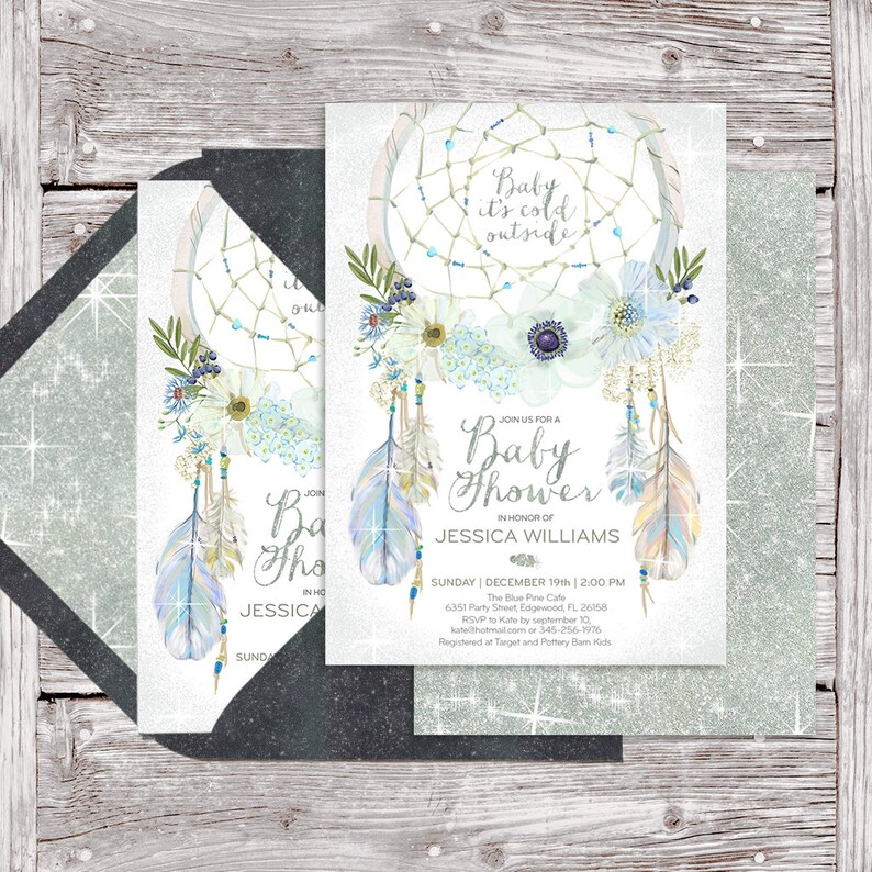 watercolor baby boy Winter show 029CMP Dreamcatcher blue silver glittering gray boho baby shower invitation Digital printable files