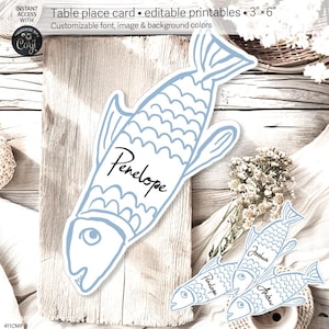 Name Platzkarte, Fisch Tischplatte Eskorte, Fischer nautisch, Dusche Hochzeit, wunderliche Vintage handgezeichnete editierbare DIY Printables. 411cmp B