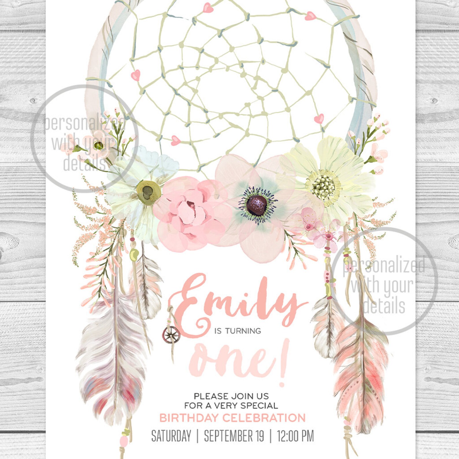 Dreamcatcher Boho 1st Birthday Invitation. Digital Files. Etsy