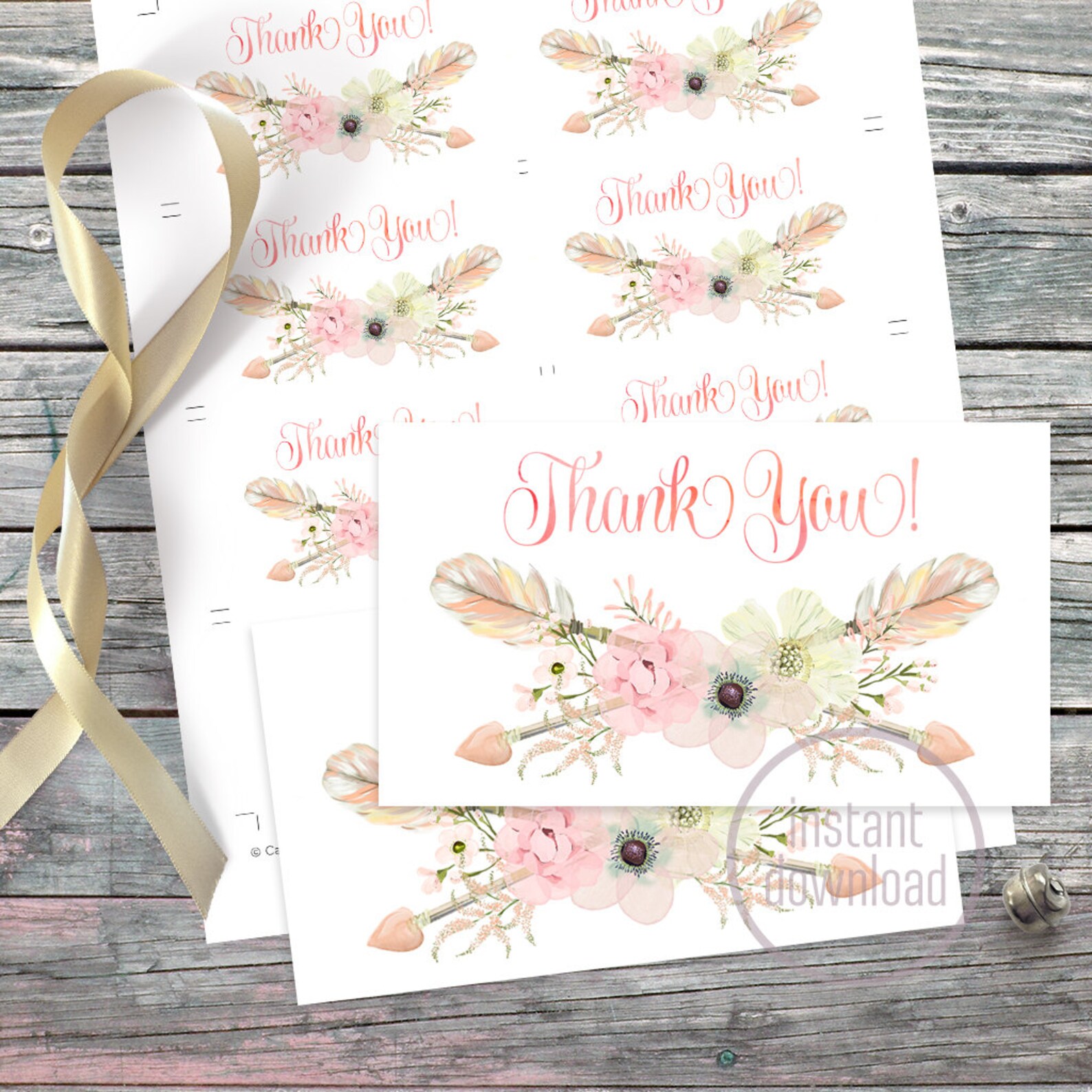 Floral Thank You Small Card Boho Pastel Watercolor. DIGITAL File ...