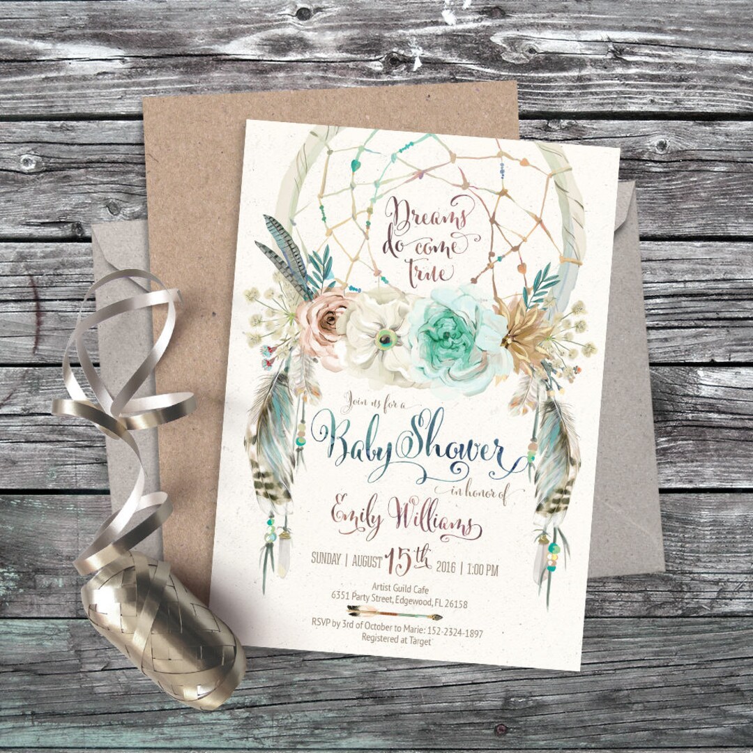 Dreamcatcher Boho Rustic Baby Shower Invitation. Digital Printable